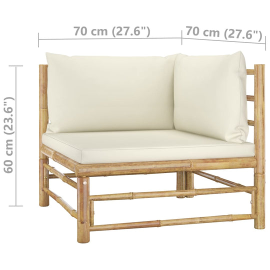 7 Piece Garden Lounge Set with Cream  Cushions Bamboo corner seat with cream cushions and bamboo frame.