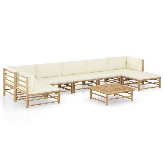 8 Piece Garden Lounge Set with Cream Cushions Bamboo arranged neatly in a spacious outdoor setting.