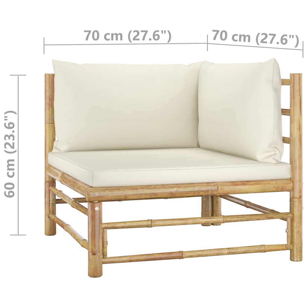 8 Piece Garden Lounge Set with Cream Cushions Bamboo corner seat with removable cushions and bamboo frame dimensions.
