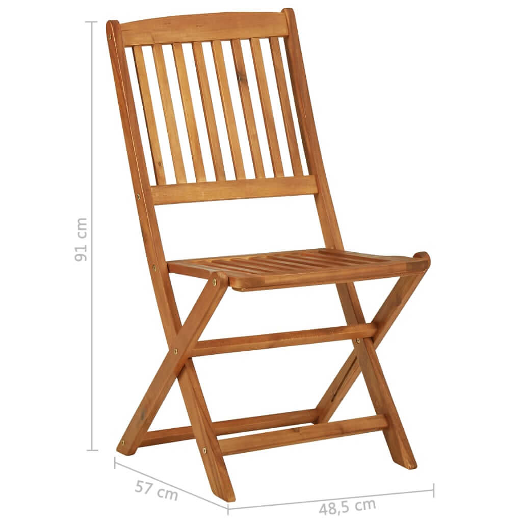 Folding acacia wood chair with slatted design, perfect for outdoor dining and space-saving furniture solutions.