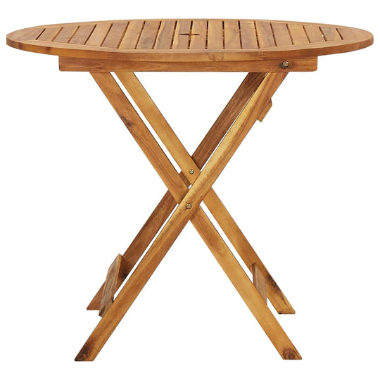 Folding round acacia wood garden table with slatted top and central parasol hole, perfect for outdoor dining.