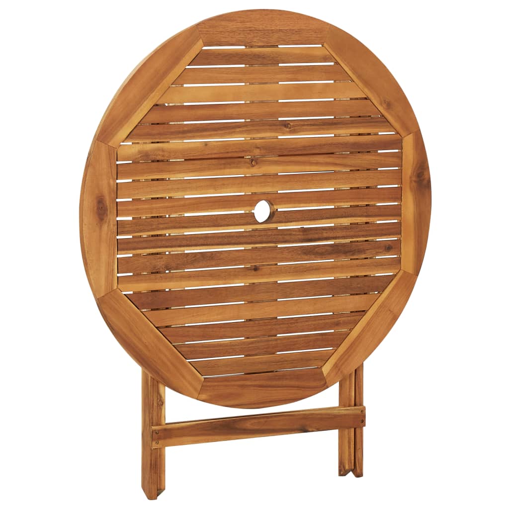 Round solid acacia wood garden dining table with a central parasol hole, designed for outdoor use and easy storage.