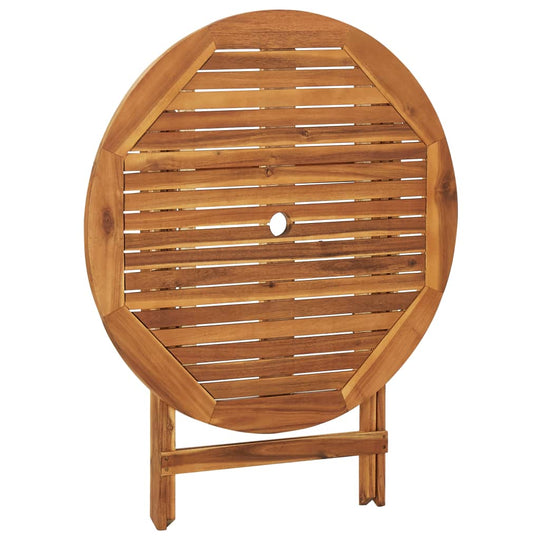 Round solid acacia wood garden dining table with a central parasol hole, designed for outdoor use and easy storage.