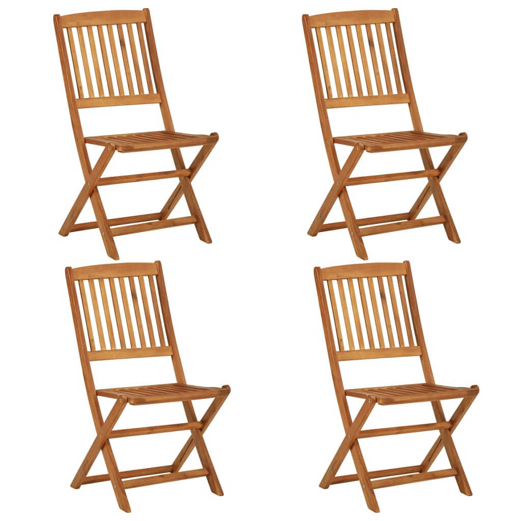 Set of four folding acacia wood garden chairs perfect for outdoor dining and compact storage.