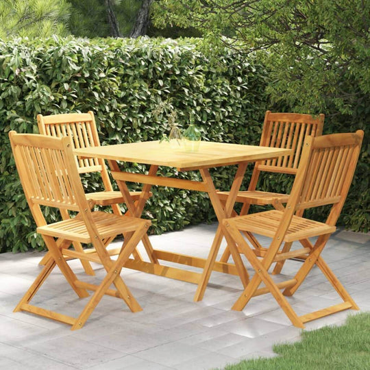 Solid acacia wood folding garden dining set with four chairs, perfect for outdoor meals and gatherings in your backyard.