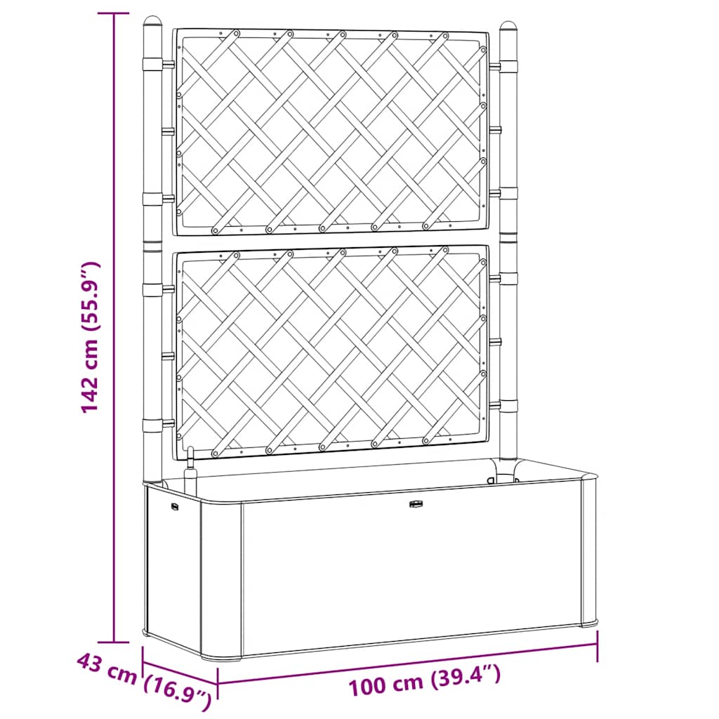 Dimensions of Garden Raised Bed with Trellis and Self Watering System with built-in trellis and large planter box.