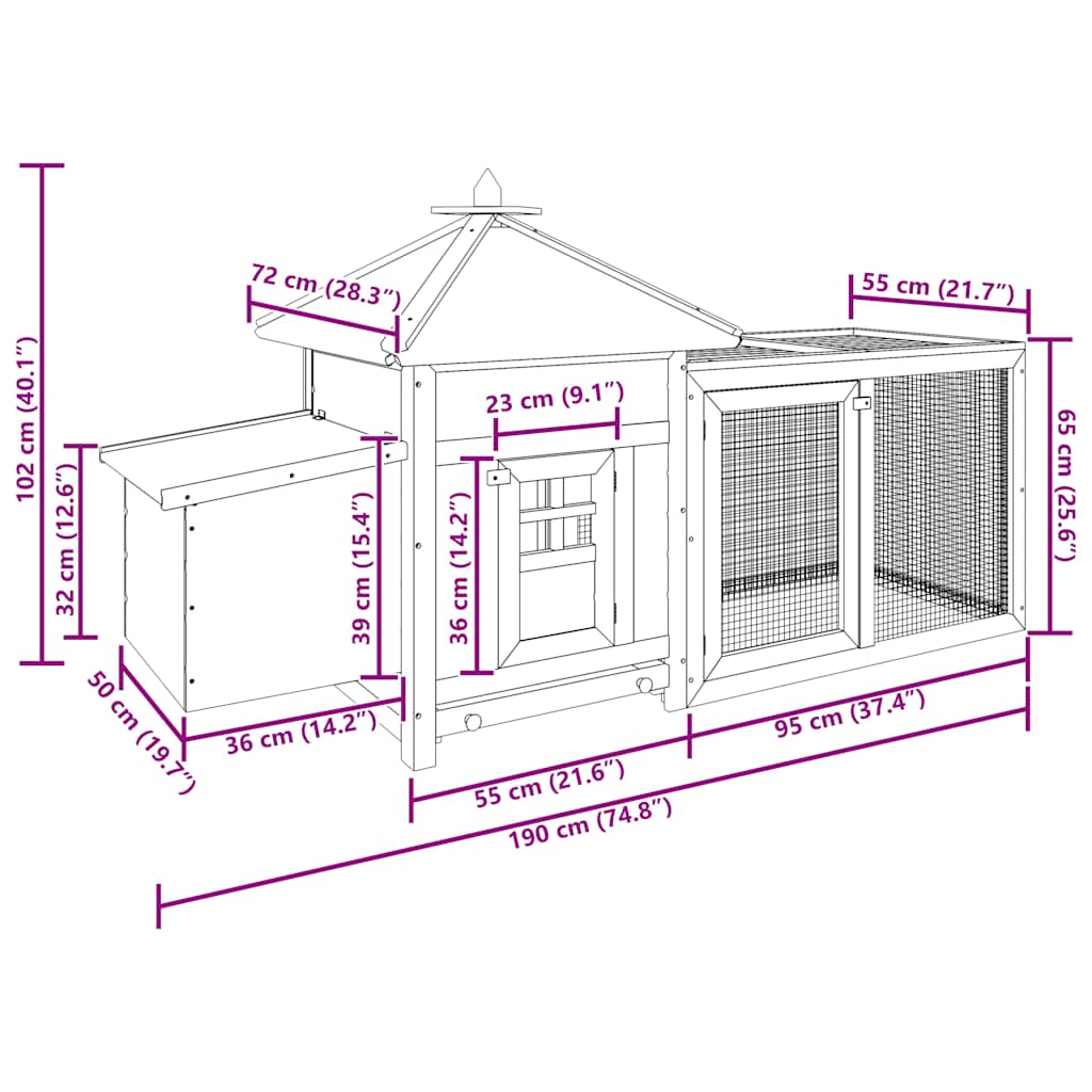 Chicken Coop with Nest Box 190x72x102 cm Solid Firwood dimensions and features diagram.