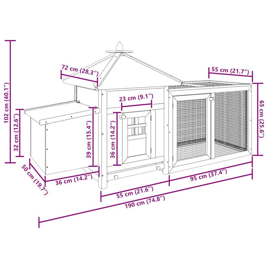 Chicken Coop with Nest Box 190x72x102 cm Solid Firwood dimensions and features diagram.