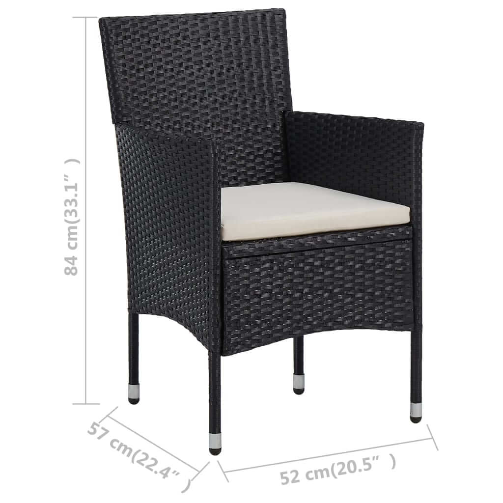 3 Piece Garden Dining Set Poly Rattan and Glass black woven chair with cushion, weather-resistant for outdoor use.