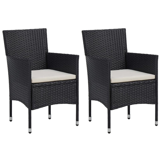 2 dining chairs from 3 Piece Garden Dining Set Poly Rattan and Glass, featuring black woven rattan and cream cushions.