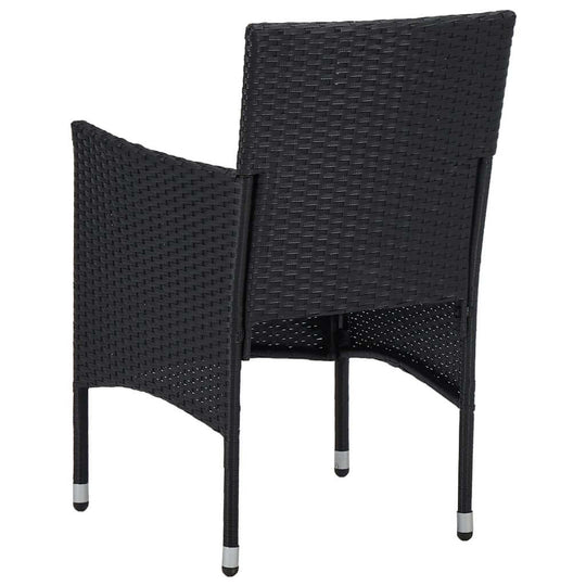 Back view of a stylish black chair from the 3 Piece Garden Dining Set Poly Rattan and Glass.