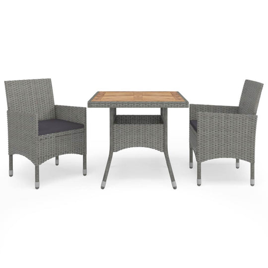 3-piece garden dining set featuring grey poly rattan chairs and acacia wood tabletop, perfect for outdoor gatherings.