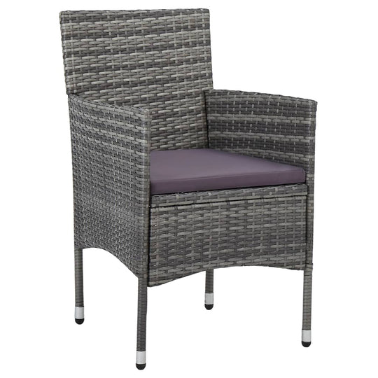 Grey poly rattan dining chair with armrests and purple cushion, perfect for outdoor gatherings.