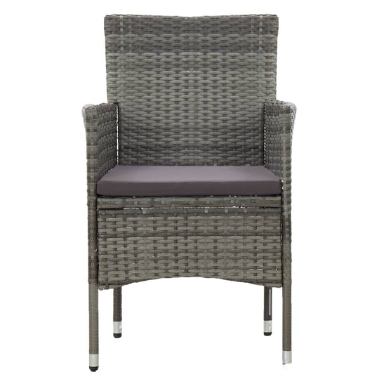 Stylish grey poly rattan dining chair with cushion, perfect for outdoor gatherings and comfort.