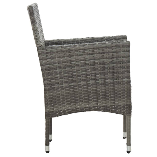 Side view of a grey poly rattan dining chair from a 3-piece garden dining set, showcasing its modern design and sturdy construction.