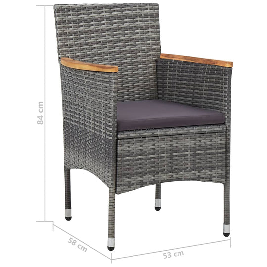 Outdoor garden chair with grey PE rattan, acacia wood armrests, and a cushion seat. Ideal for patio or home furniture sets.