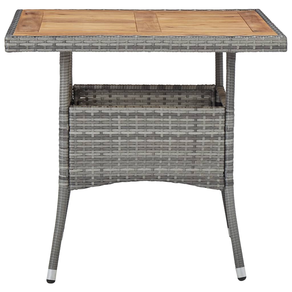 Poly rattan dining table with acacia wood top, perfect for outdoor garden furniture and patio settings.