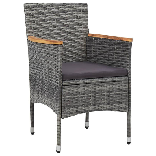 Grey rattan garden chair with acacia wood armrests for outdoor patio furniture.