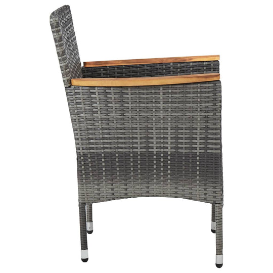 Poly rattan chair with acacia wood armrests for outdoor garden dining set, balcony or patio furniture.