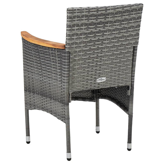 Grey rattan garden chair with acacia wood armrest for outdoor patio or garden furniture set.