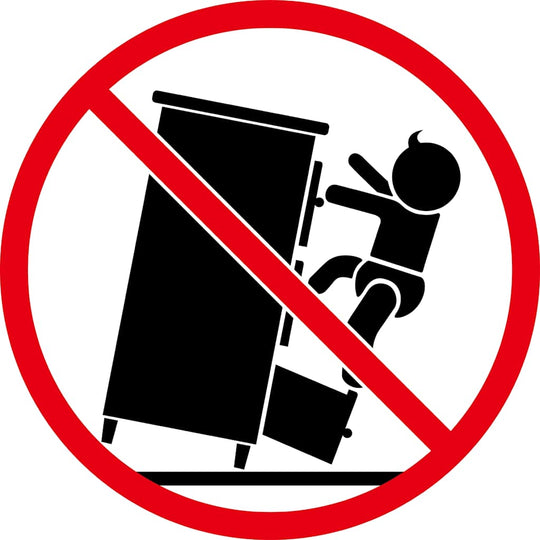 Warning sign against climbing furniture, depicting a child pulling on a dresser, safety hazard alert.