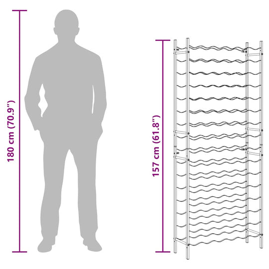 Wine Rack for 96 Bottles Iron dimensions with a silhouette for scale, showing height and width for effective wine storage.
