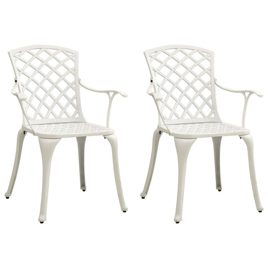 Two white cast aluminium garden chairs with high backrests and hollow design, ideal for outdoor dining and relaxation.