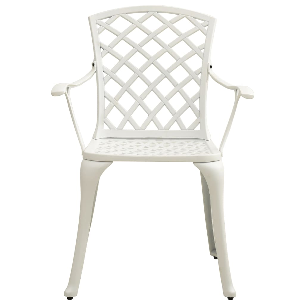 White cast aluminium garden chair with a stylish hollow design, perfect for outdoor furniture and relaxing settings.