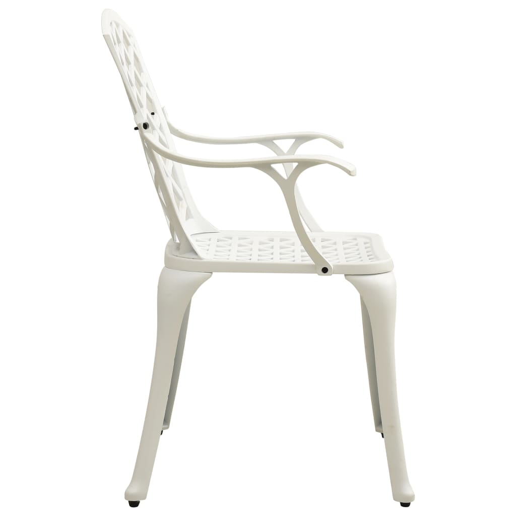 Side view of a white cast aluminium garden chair, perfect outdoor furniture for dining and relaxation.