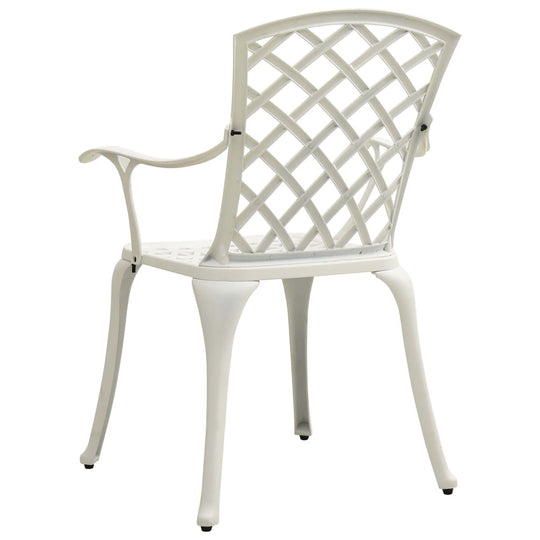 Garden chairs set in white cast aluminium, featuring a stylish hollow design for outdoor dining and relaxation.