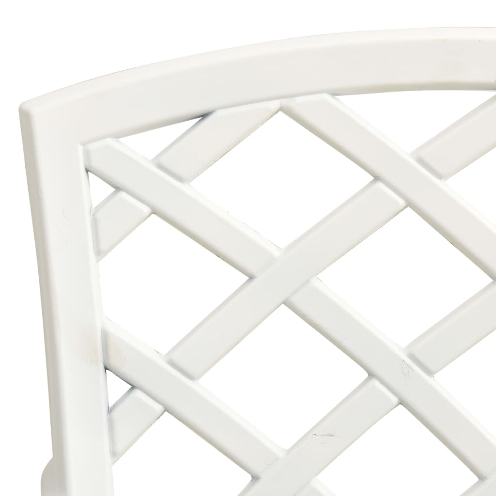 close-up of a white cast aluminium garden chair backrest with a stylish hollow design, ideal for outdoor use.