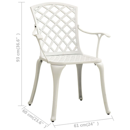 White cast aluminium garden chair with high backrest, perfect for outdoor dining and relaxation. Dimensions: 93cm x 60cm x 61cm.