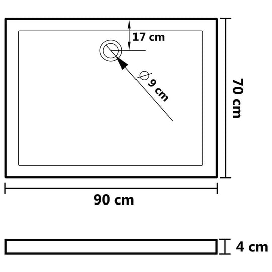 Diagram of a rectangular ABS shower base tray dimensions 70x90 cm, showing drain placement and low threshold design.