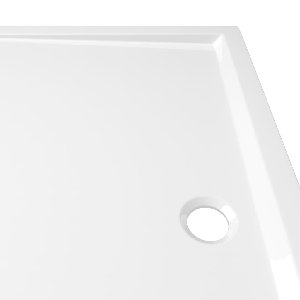 Close-up of white ABS shower base tray corner with polished finish and drainage hole, showcasing modern design and durability.