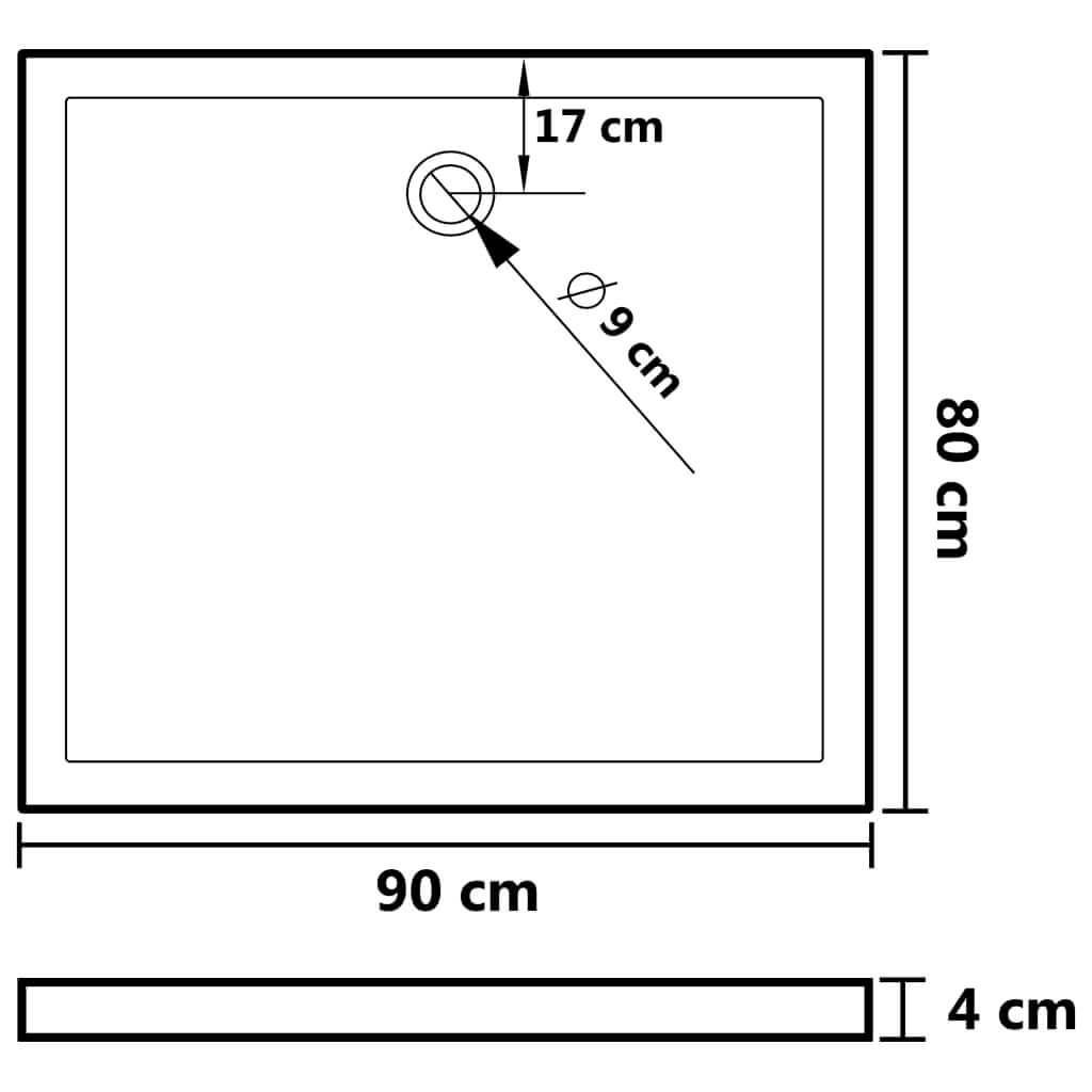 Diagram of Rectangular ABS Shower Base Tray dimensions 80x90 cm with drain details and height specifications.