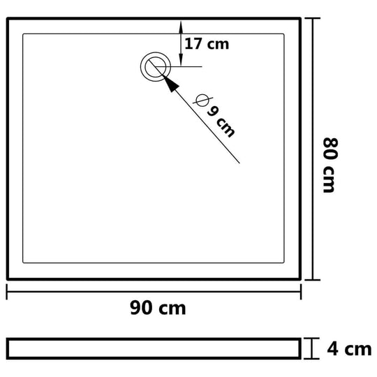 Diagram of Rectangular ABS Shower Base Tray dimensions 80x90 cm with drain details and height specifications.