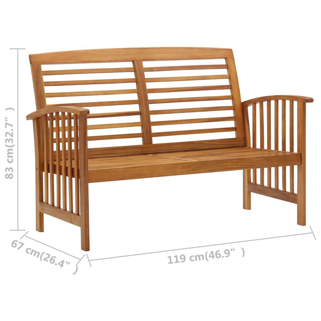 4 Piece Garden Lounge Set Solid Acacia Wood bench showcasing slatted design and dimensions for outdoor living.