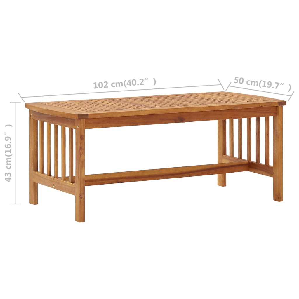 4 Piece Garden Lounge Set Solid Acacia Wood coffee table with slatted top and dimensions for outdoor living space.