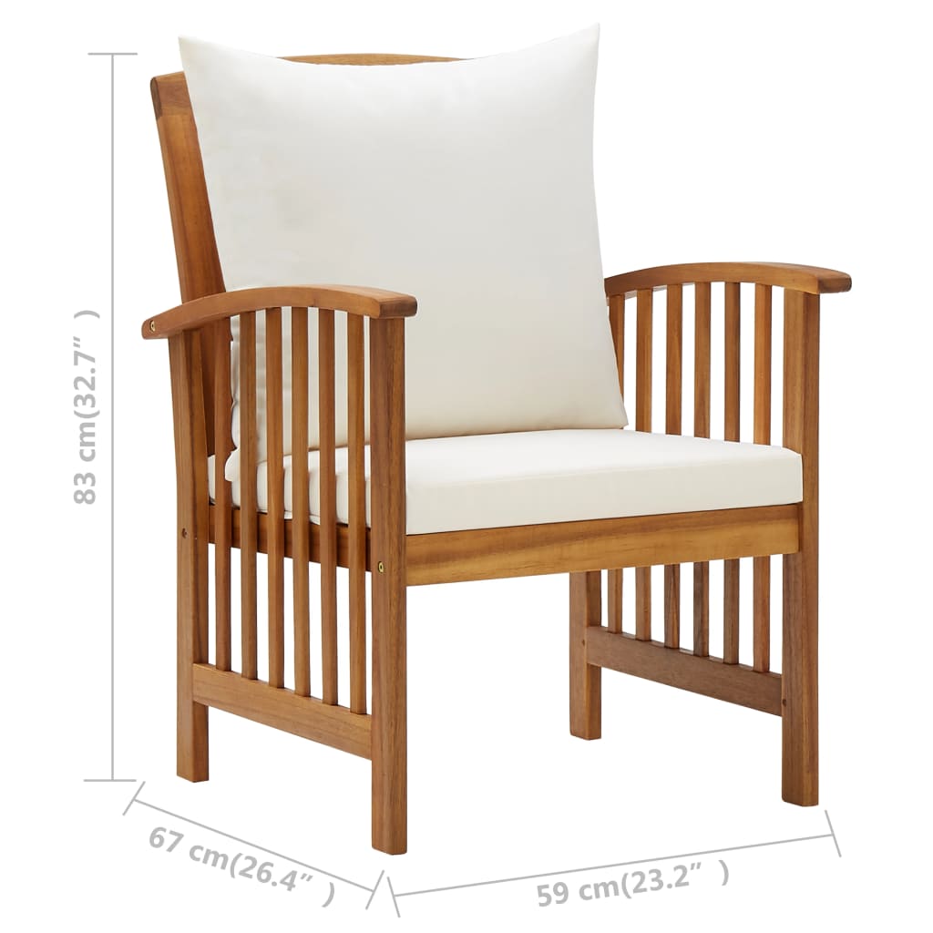 4 Piece Garden Lounge Set with Cushions Solid Acacia Wood chair dimensions with white cushion.