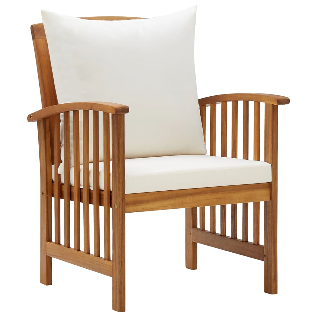 4 Piece Garden Lounge Set with Cushions Solid Acacia Wood chair with white cushion, perfect for outdoor garden or patio.