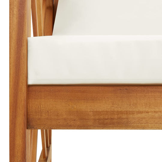 Close-up of the cushion and solid acacia wood frame of a garden lounge set, highlighting comfort and durability.