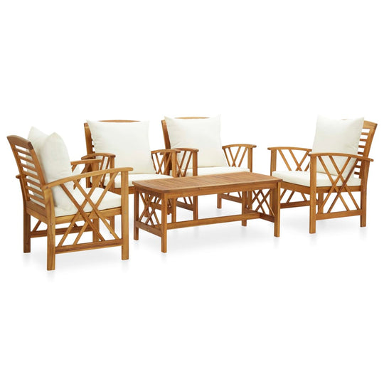 5 Piece Garden Lounge Set with Cushions Solid Acacia Wood, featuring durable wooden chairs and a slatted coffee table.