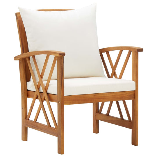 5 Piece Garden Lounge Set with Cushions Solid Acacia Wood armchair with white cushion and wooden frame.