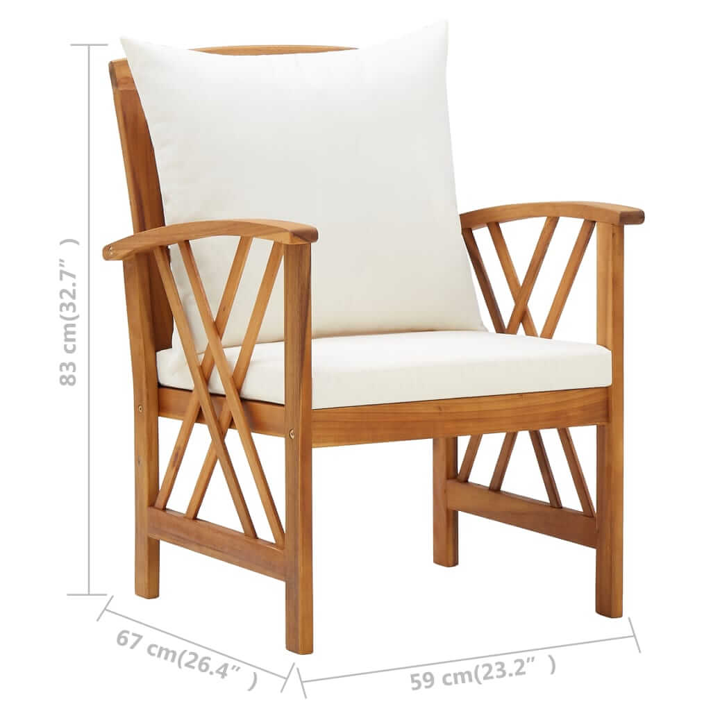 5 Piece Garden Lounge Set with Cushions Solid Acacia Wood chair with white cushion and wooden frame, dimensions included.