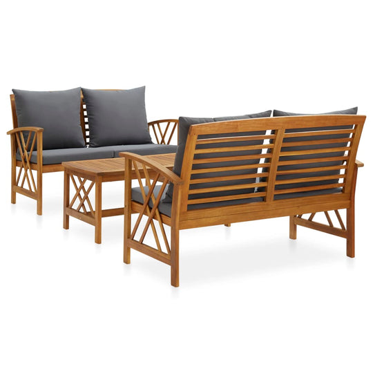 3 piece garden lounge set featuring solid acacia wood and thick cushions, ideal for outdoor seating and patio decor.