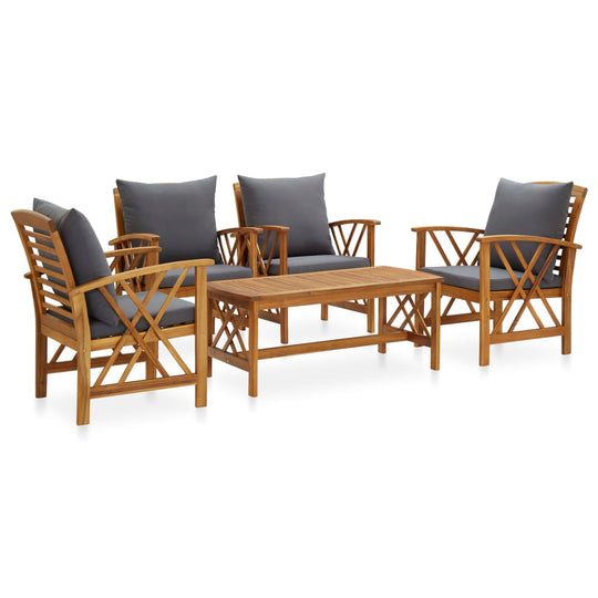 5 Piece Garden Lounge Set with Cushions Solid Acacia Wood, featuring cushioned seating and a stylish wood tabletop.