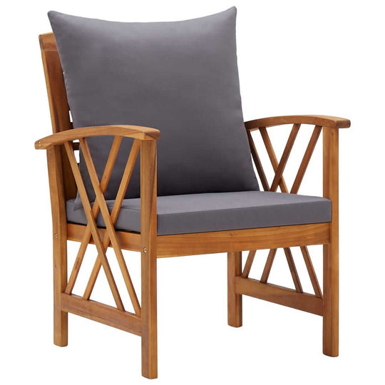 5 Piece Garden Lounge Set with Cushions Solid Acacia Wood armchair with gray cushion and wooden frame.