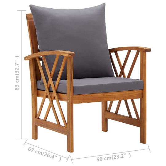 5 Piece Garden Lounge Set with Cushions Solid Acacia Wood chair with grey cushions and wooden frame.