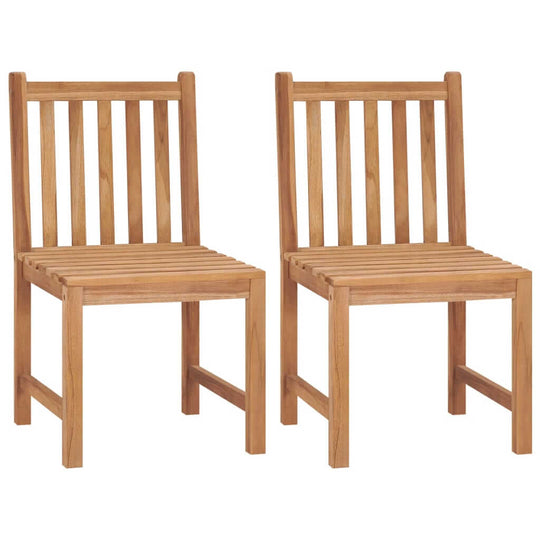 Pair of solid teak wood garden chairs, ideal for outdoor lounge areas and patios, showcasing durability and elegance.