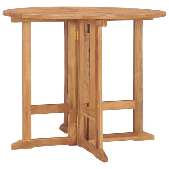 Folding round garden dining table in solid teak wood, perfect for outdoor furniture and stylish dining spaces.